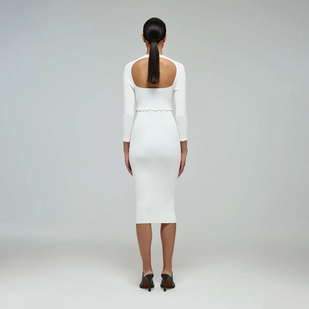 Self-portrait White Knit Scallop Edge Midi Dress