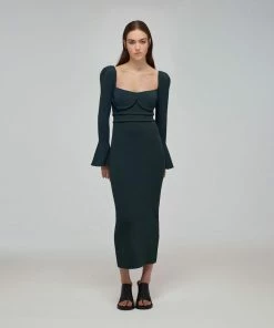 Self-portrait Khaki Knit Scallop Edge Midi Dress