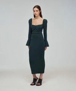 Self-portrait Khaki Knit Scallop Edge Midi Dress