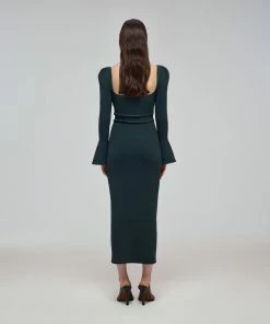 Self-portrait Khaki Knit Scallop Edge Midi Dress