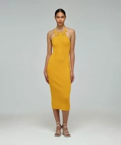 Self-portrait Canary Yellow Inserted Lace Knit Dress