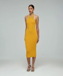 Self-portrait Canary Yellow Inserted Lace Knit Dress