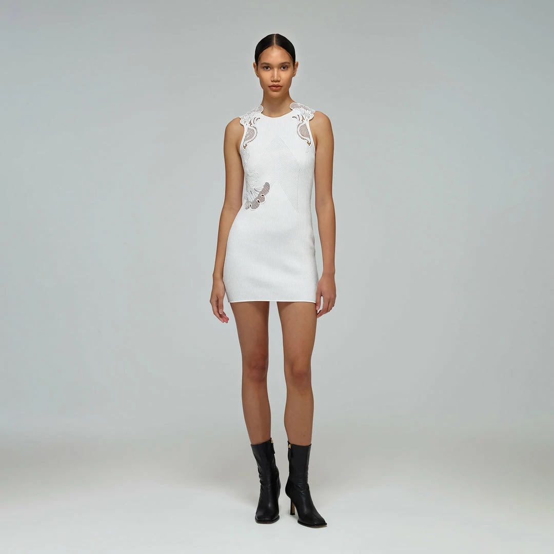 Self-portrait READY TO WEAR White Inserted Lace Knit Dress