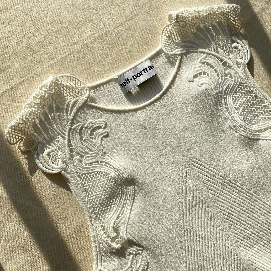 Self-portrait READY TO WEAR White Inserted Lace Knit Dress