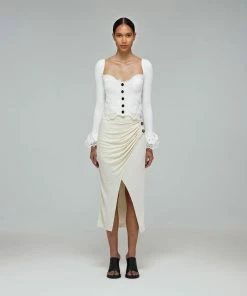 Self-portrait White Inserted Lace Ribbed Knit Cardigan READY TO WEAR