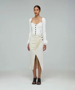 Self-portrait White Inserted Lace Ribbed Knit Cardigan READY TO WEAR