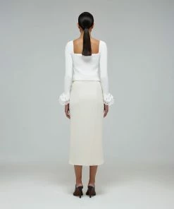 Self-portrait White Inserted Lace Ribbed Knit Cardigan READY TO WEAR