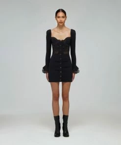 Self-portrait READY TO WEAR Black Inserted Floral Lace Ribbed Knit Mini Dress