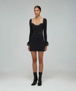 Self-portrait READY TO WEAR Black Inserted Floral Lace Ribbed Knit Mini Dress