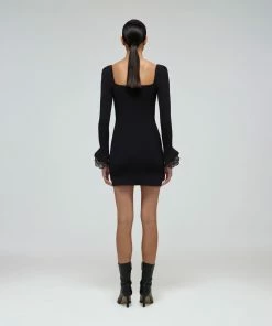 Self-portrait READY TO WEAR Black Inserted Floral Lace Ribbed Knit Mini Dress