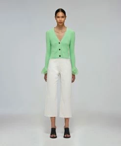 Self-portrait READY TO WEAR Spearmint Inserted Lace Ribbed Knit Cardigan