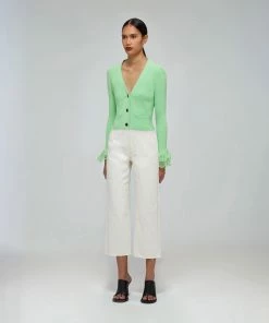 Self-portrait READY TO WEAR Spearmint Inserted Lace Ribbed Knit Cardigan