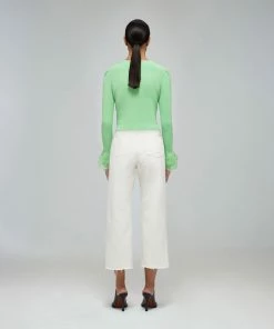 Self-portrait READY TO WEAR Spearmint Inserted Lace Ribbed Knit Cardigan