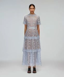 Self-portrait Blue Tiered Guipure Lace Midi Dress READY TO WEAR