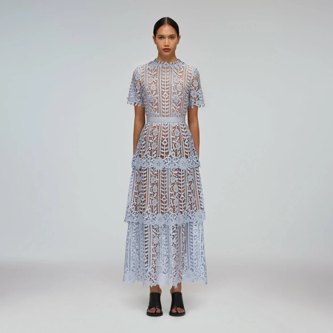 Self-portrait Blue Tiered Guipure Lace Midi Dress READY TO WEAR