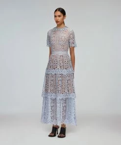 Self-portrait Blue Tiered Guipure Lace Midi Dress READY TO WEAR