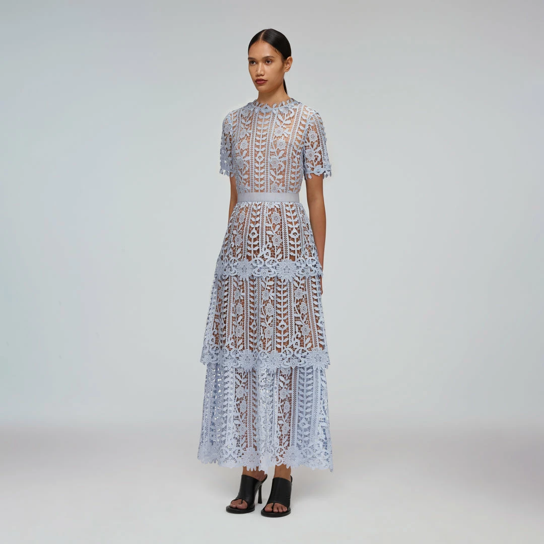 Self-portrait Blue Tiered Guipure Lace Midi Dress READY TO WEAR
