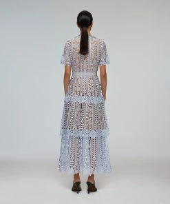 Self-portrait Blue Tiered Guipure Lace Midi Dress READY TO WEAR