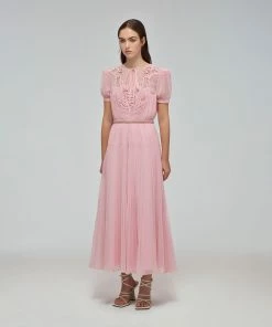 Self-portrait READY TO WEAR Pink Macrame Lace Chiffon Midi Dress