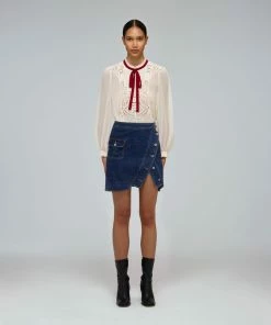 Self-portrait Ivory Macrame Lace Chiffon Blouse READY TO WEAR