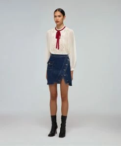 Self-portrait Ivory Macrame Lace Chiffon Blouse READY TO WEAR