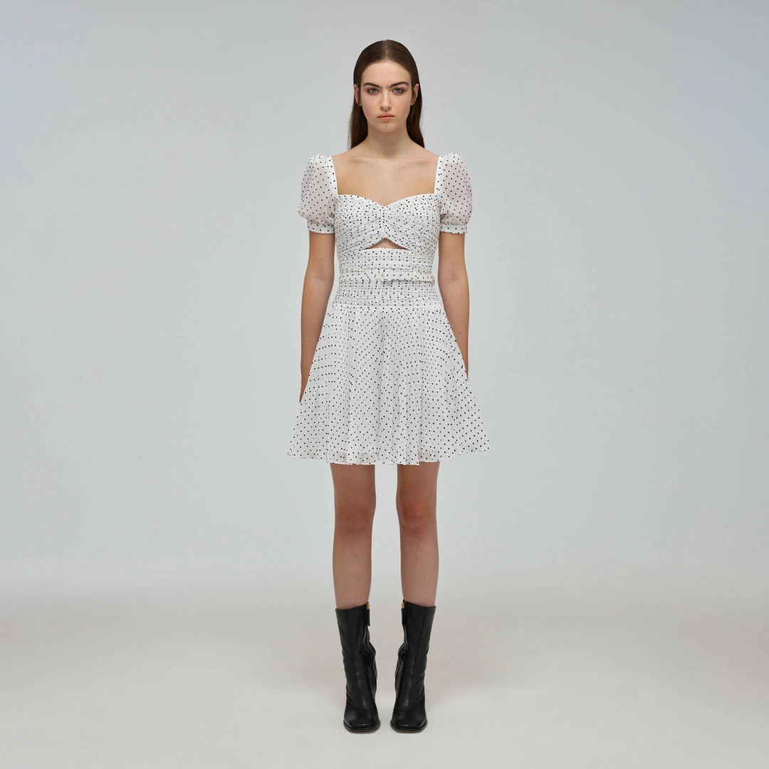 Self-portrait READY TO WEAR White Crinkle Chiffon Dot Mini Dress