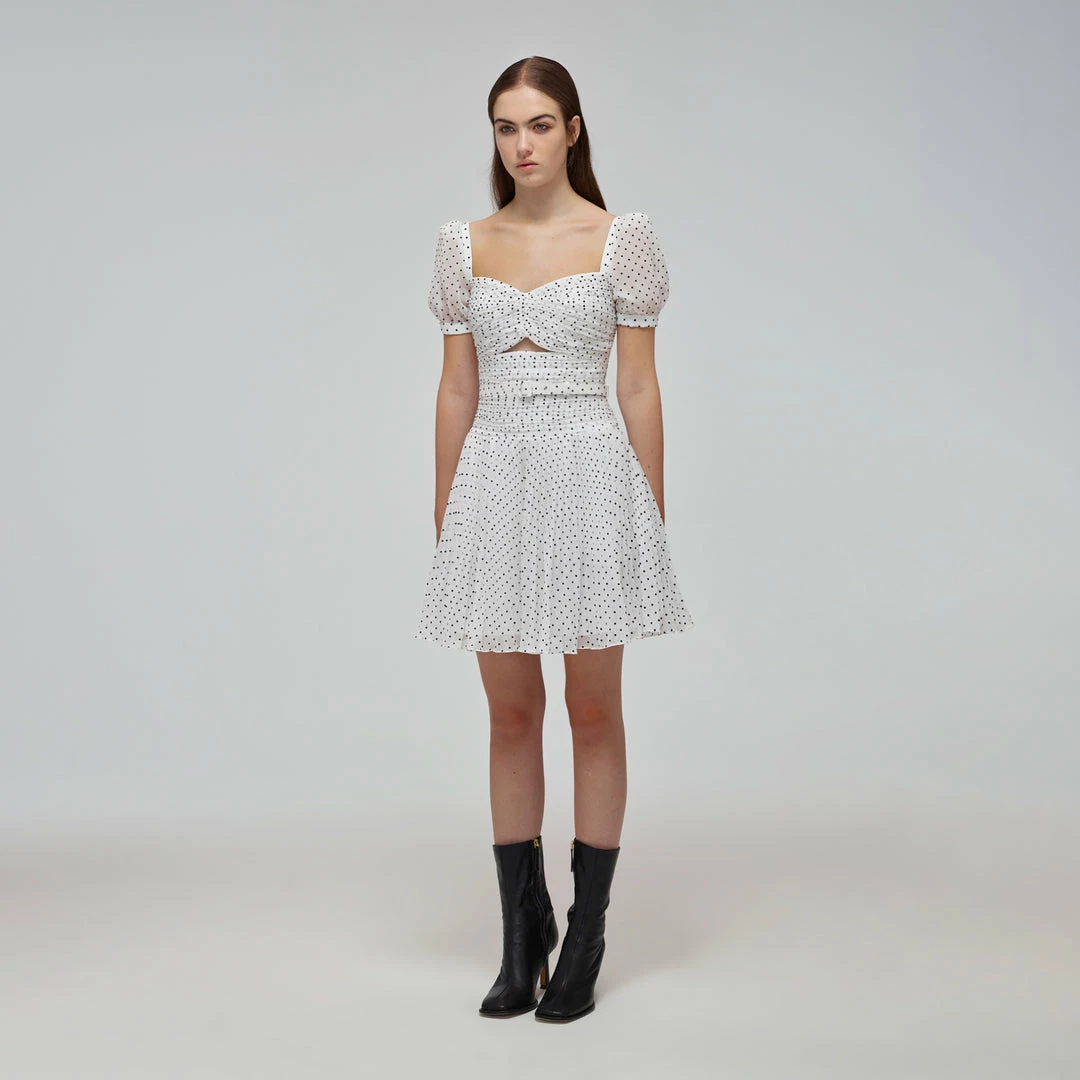 Self-portrait READY TO WEAR White Crinkle Chiffon Dot Mini Dress