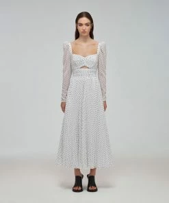 Self-portrait READY TO WEAR White Crinkle Chiffon Dot Midi Dress
