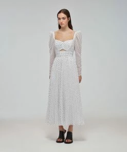 Self-portrait READY TO WEAR White Crinkle Chiffon Dot Midi Dress