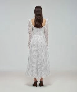 Self-portrait READY TO WEAR White Crinkle Chiffon Dot Midi Dress