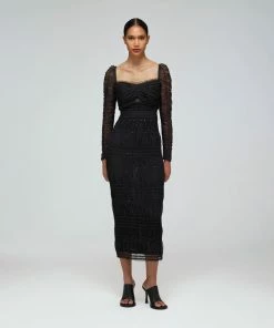 Self-portrait Black Dot Mesh Shirred Midi Dress READY TO WEAR