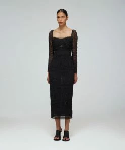 Self-portrait Black Dot Mesh Shirred Midi Dress READY TO WEAR