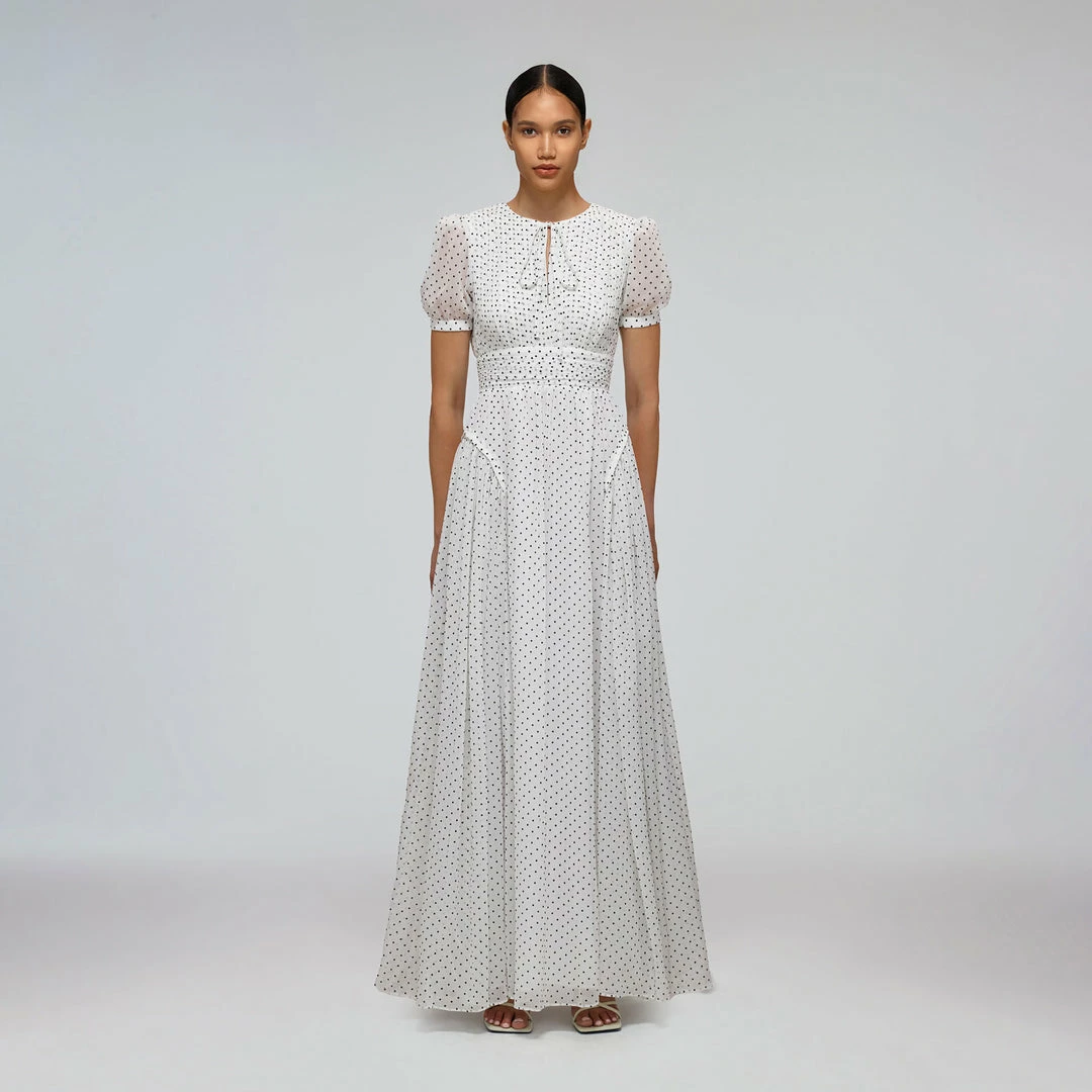 Self-portrait White Crinkle Chiffon Dot Maxi Dress READY TO WEAR