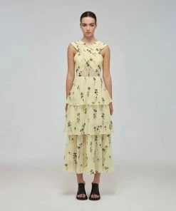 Self-portrait Yellow Floral Silhouette Chiffon Crossover Midi Dress