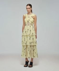 Self-portrait Yellow Floral Silhouette Chiffon Crossover Midi Dress
