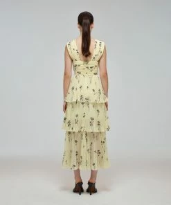 Self-portrait Yellow Floral Silhouette Chiffon Crossover Midi Dress