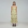 Self-portrait READY TO WEAR Yellow Floral Silhouette Chiffon Tiered Midi Dress
