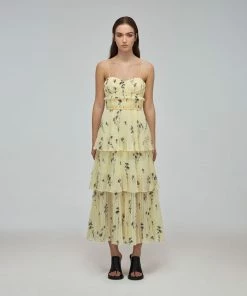Self-portrait READY TO WEAR Yellow Floral Silhouette Chiffon Tiered Midi Dress