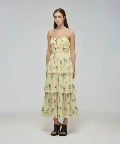 Self-portrait READY TO WEAR Yellow Floral Silhouette Chiffon Tiered Midi Dress