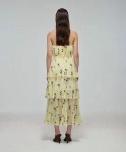 Self-portrait READY TO WEAR Yellow Floral Silhouette Chiffon Tiered Midi Dress