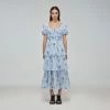 Self-portrait Blue Floral Silhouette Chiffon Tiered Midi Dress