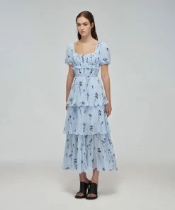 Self-portrait Blue Floral Silhouette Chiffon Tiered Midi Dress