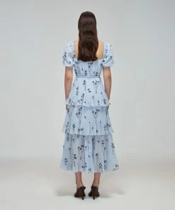 Self-portrait Blue Floral Silhouette Chiffon Tiered Midi Dress