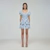 Self-portrait Blue Floral Silhouette Chiffon Tiered Mini Dress