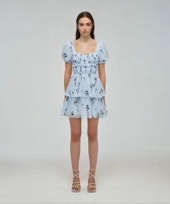 Self-portrait Blue Floral Silhouette Chiffon Tiered Mini Dress