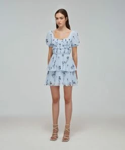 Self-portrait Blue Floral Silhouette Chiffon Tiered Mini Dress