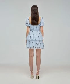 Self-portrait Blue Floral Silhouette Chiffon Tiered Mini Dress