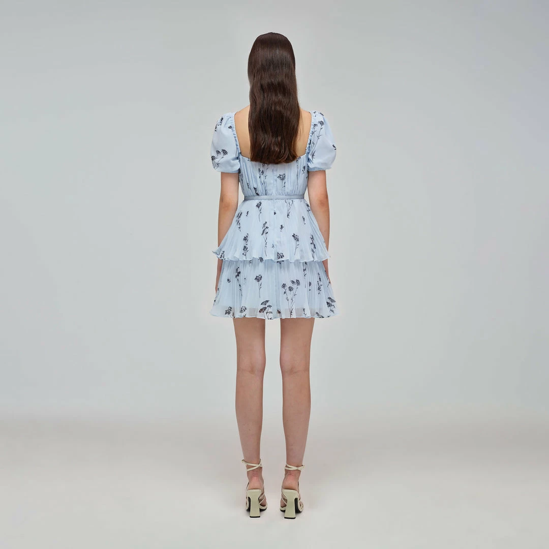 Self-portrait Blue Floral Silhouette Chiffon Tiered Mini Dress