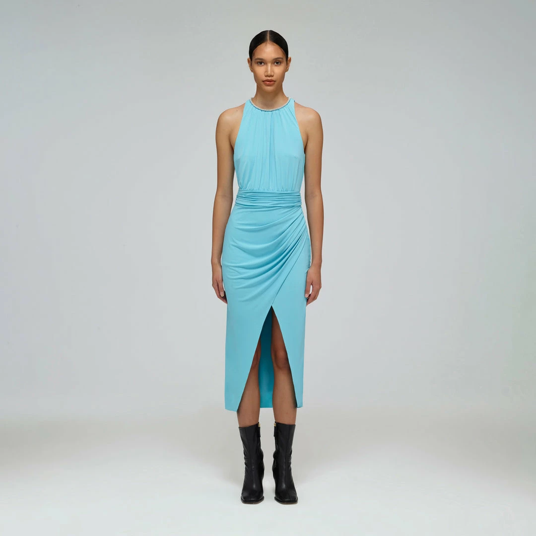 Self-portrait Tropical Blue Jersey Halter Midi Dress READY TO WEAR