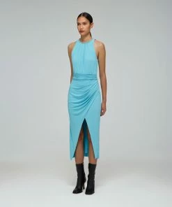 Self-portrait Tropical Blue Jersey Halter Midi Dress READY TO WEAR
